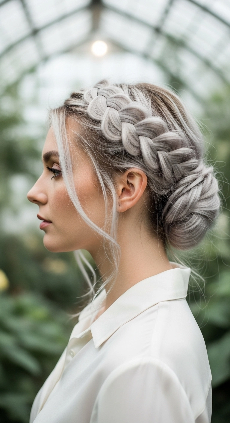Icy Silver Dutch Braided Low Chignon Updo