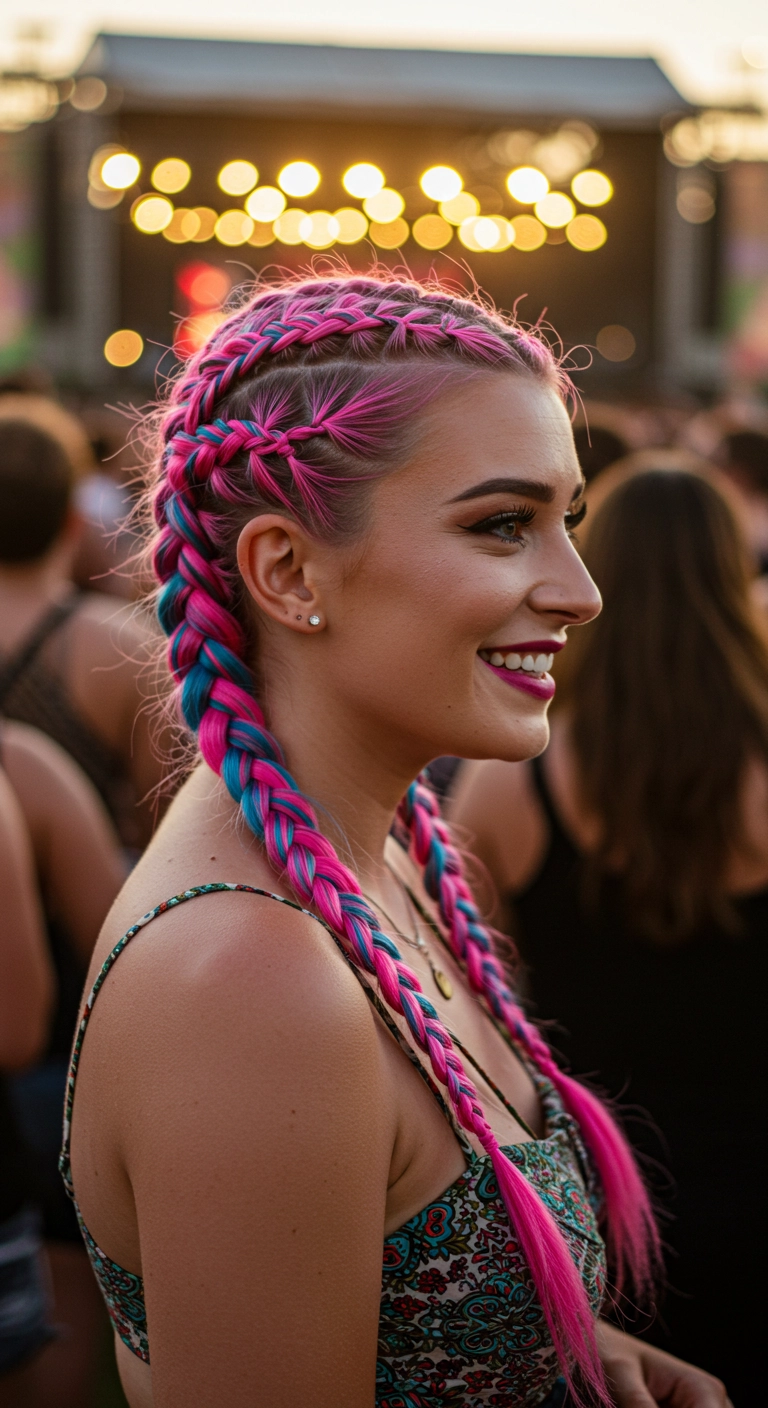 Vibrant Neon Pink and Teal Festival Dutch Braids