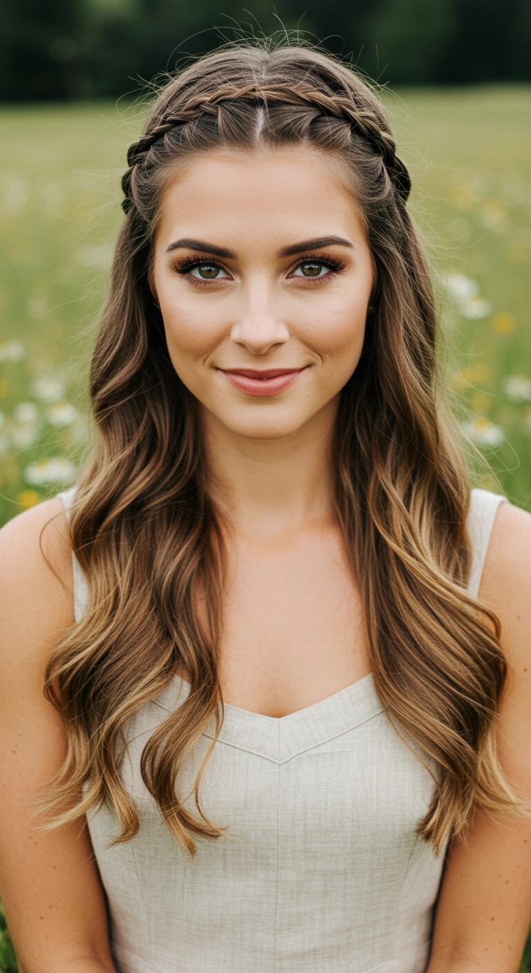 Half-Up Braided Crown with Soft Honey Waves